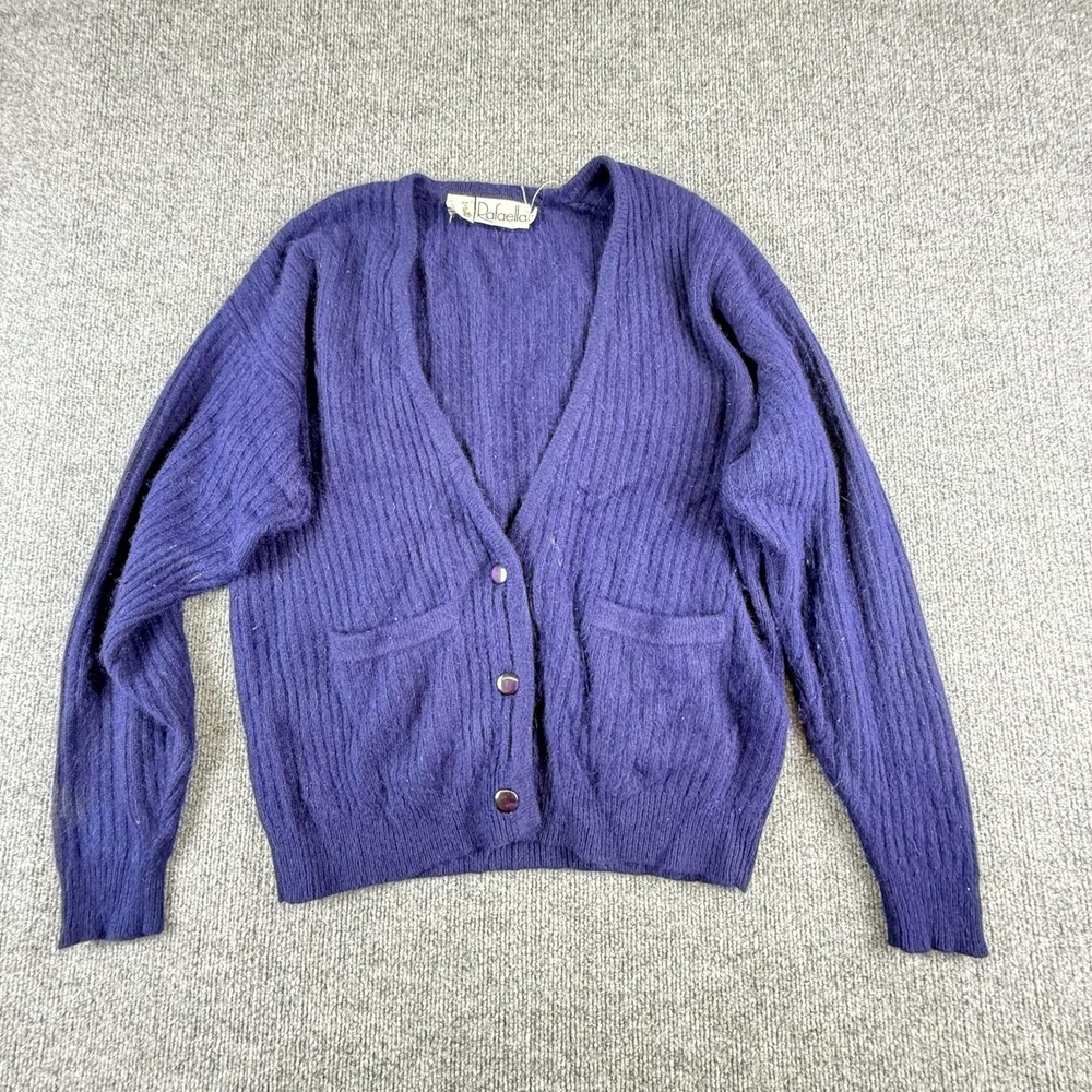 Rafaella Cardigan Sweater Womens Medium Purple Angora Wool Hong Kong Knit